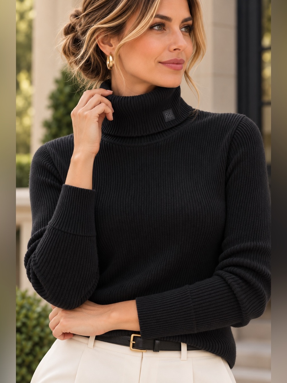 Lauren Ralph Lauren XL 100% Cotton Black Ribbed Turtleneck Sweater RL Logo
